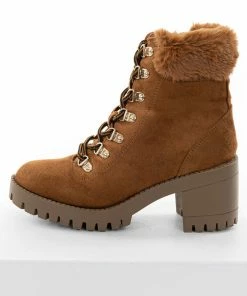 Let's See Style Caramel Faux Suede Lace Up Heeled Lug Booties