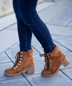 Let's See Style Caramel Faux Suede Lace Up Heeled Lug Booties