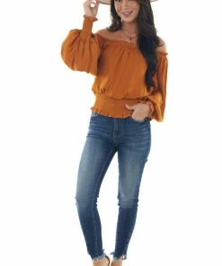 She + Sky Caramel Off Shoulder Long Sleeve Blouse