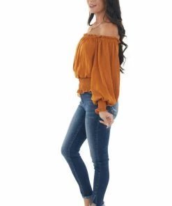 She + Sky Caramel Off Shoulder Long Sleeve Blouse