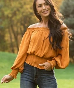 She + Sky Caramel Off Shoulder Long Sleeve Blouse