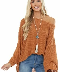 Umgee Caramel Oversized Waffle Knit Top With Bubble Sleeves Tops