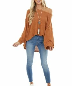 Umgee Caramel Oversized Waffle Knit Top With Bubble Sleeves Tops