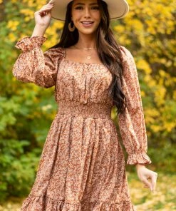 She + Sky Caramel Printed Long Bubble Sleeve Short Dress Dresses
