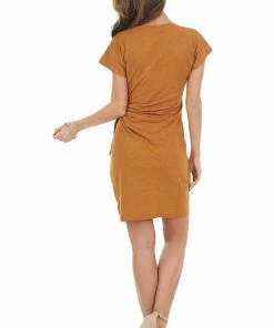 Wishlist Caramel Short Sleeve Knit Dress With Side Tie Detail Dresses