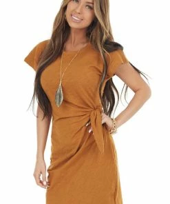 Wishlist Caramel Short Sleeve Knit Dress With Side Tie Detail Dresses