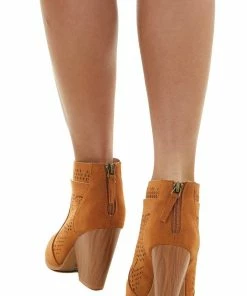 East Lion Corp. Caramel Suede Laser Cut Out Wood Heel Booties 25 East Lion Corp. Caramel Suede Laser Cut Out Wood Heel Booties