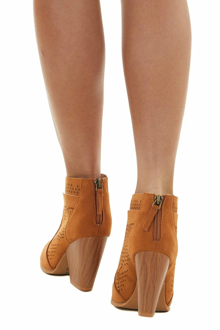 East Lion Corp. Caramel Suede Laser Cut Out Wood Heel Booties 10 East Lion Corp. Caramel Suede Laser Cut Out Wood Heel Booties
