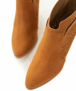 East Lion Corp. Caramel Suede Laser Cut Out Wood Heel Booties 23 East Lion Corp. Caramel Suede Laser Cut Out Wood Heel Booties