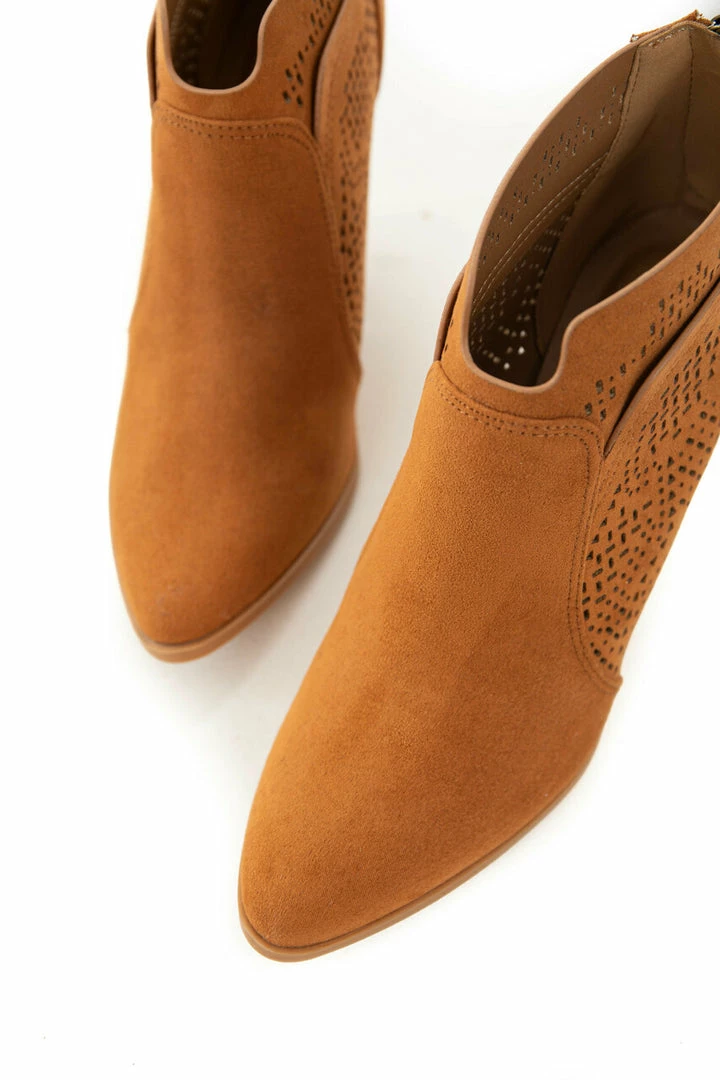 East Lion Corp. Caramel Suede Laser Cut Out Wood Heel Booties 8 East Lion Corp. Caramel Suede Laser Cut Out Wood Heel Booties
