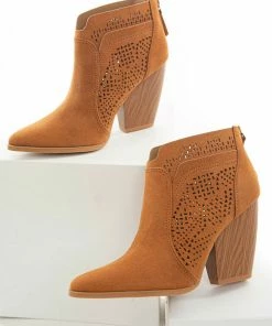 East Lion Corp. Caramel Suede Laser Cut Out Wood Heel Booties 22 East Lion Corp. Caramel Suede Laser Cut Out Wood Heel Booties