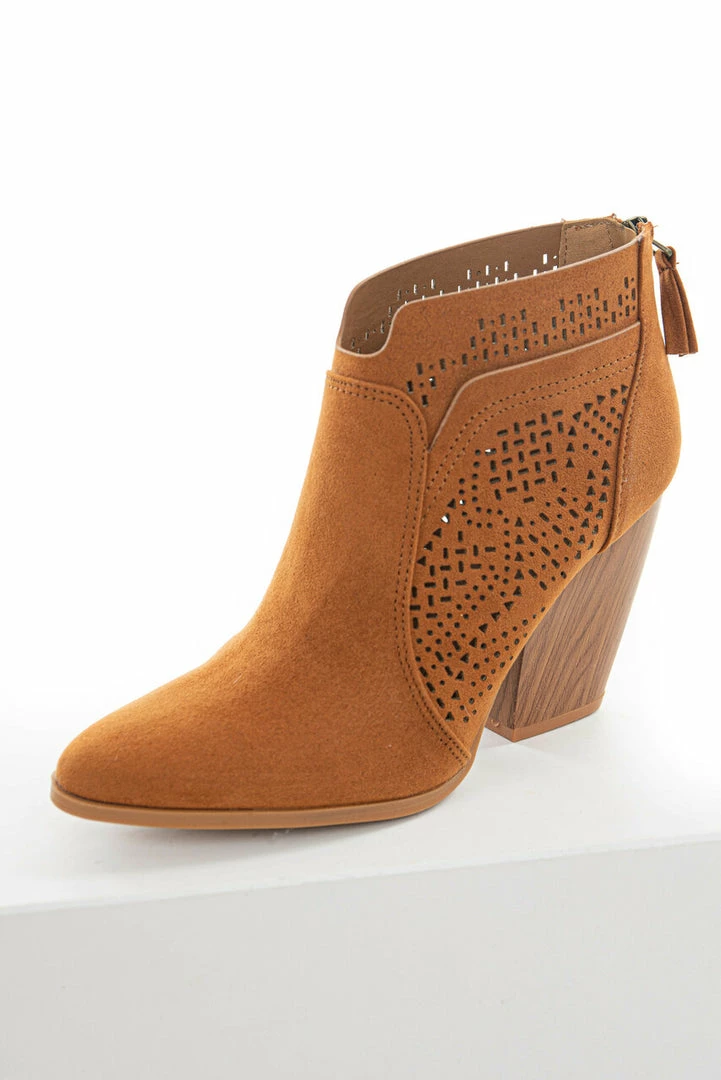 East Lion Corp. Caramel Suede Laser Cut Out Wood Heel Booties 4 East Lion Corp. Caramel Suede Laser Cut Out Wood Heel Booties