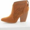 East Lion Corp. Caramel Suede Laser Cut Out Wood Heel Booties
