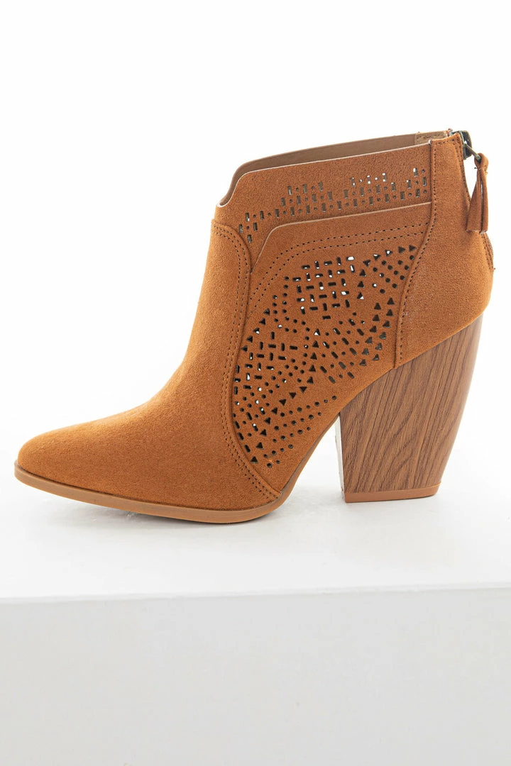 East Lion Corp. Caramel Suede Laser Cut Out Wood Heel Booties 3 East Lion Corp. Caramel Suede Laser Cut Out Wood Heel Booties