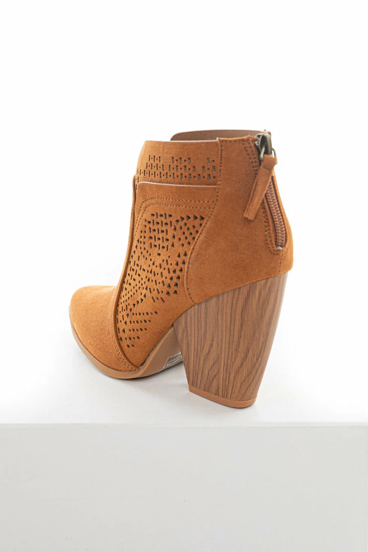 East Lion Corp. Caramel Suede Laser Cut Out Wood Heel Booties 5 East Lion Corp. Caramel Suede Laser Cut Out Wood Heel Booties