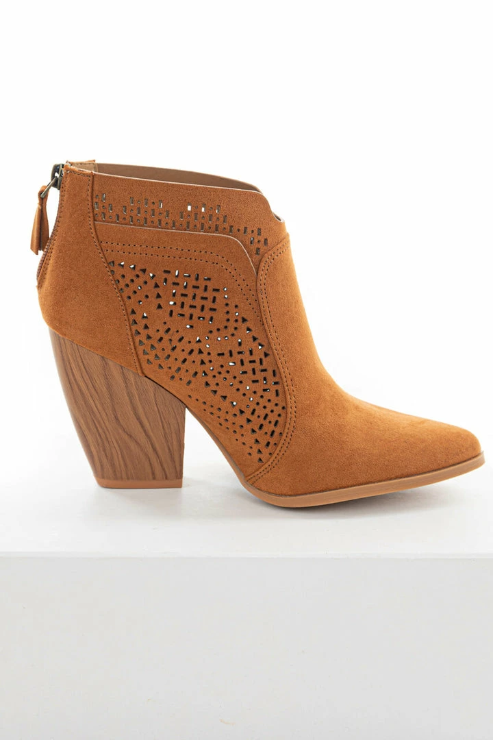 East Lion Corp. Caramel Suede Laser Cut Out Wood Heel Booties 6 East Lion Corp. Caramel Suede Laser Cut Out Wood Heel Booties