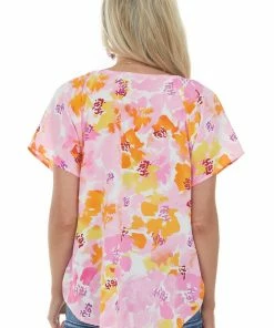 Staccato Carnation Floral Short Sleeve Surplice Blouse Tops