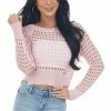 BiBi Tops Carnation Pink Long Sleeve Open Knit Crop Top