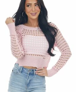 BiBi Tops Carnation Pink Long Sleeve Open Knit Crop Top