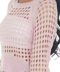 BiBi Tops Carnation Pink Long Sleeve Open Knit Crop Top