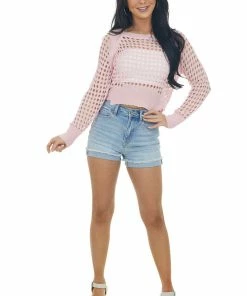 BiBi Tops Carnation Pink Long Sleeve Open Knit Crop Top