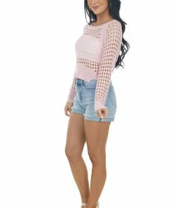 BiBi Tops Carnation Pink Long Sleeve Open Knit Crop Top