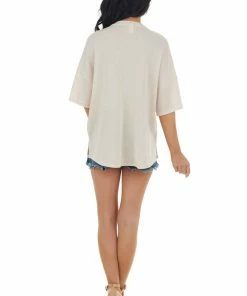 CY Fashion Tops Champagne Drop Shoulder Knit Top With Crochet Detail