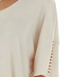 CY Fashion Tops Champagne Drop Shoulder Knit Top With Crochet Detail