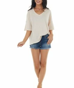 CY Fashion Tops Champagne Drop Shoulder Knit Top With Crochet Detail