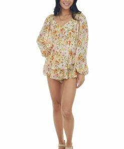 HYFVE Dresses Champagne Floral Print Ruffle Overlay Romper