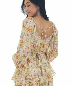 HYFVE Dresses Champagne Floral Print Ruffle Overlay Romper