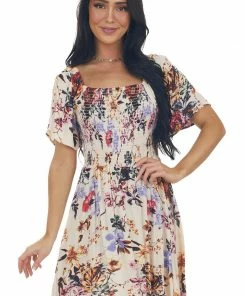 ANGIE Champagne Floral Print Smocked Short Dress