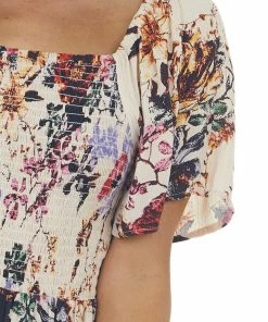 ANGIE Champagne Floral Print Smocked Short Dress