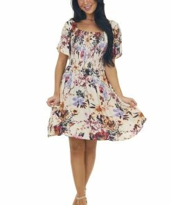 ANGIE Champagne Floral Print Smocked Short Dress
