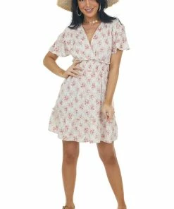 Sweet Lemon Champagne Floral Surplice Smocked Mini Dress Dresses