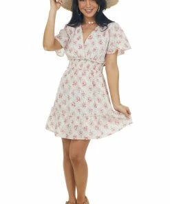 Sweet Lemon Champagne Floral Surplice Smocked Mini Dress Dresses