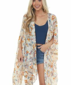 Eesome Champagne Floral Textured Open Front Kimono Tops