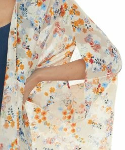 Eesome Champagne Floral Textured Open Front Kimono Tops