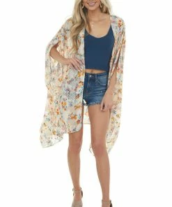 Eesome Champagne Floral Textured Open Front Kimono Tops