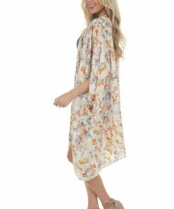 Eesome Champagne Floral Textured Open Front Kimono Tops