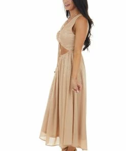 Entro Champagne Glitter Sleeveless Midi Woven Dress With Cut Out