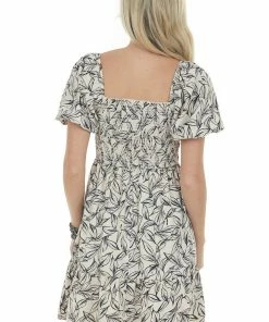 HYFVE Dresses Champagne Leaf Print Puff Sleeve Short Dress