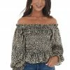 Entro Champagne Leopard Print Long Sleeve Woven Top Tops