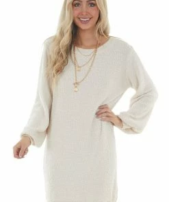 Umgee Champagne Long Sleeve Knit Short Sweater Dress Dresses