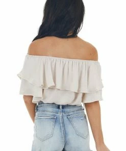 She + Sky Tops Champagne Off The Shoulder Short Sleeve Overlaying Crop Top