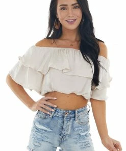 She + Sky Tops Champagne Off The Shoulder Short Sleeve Overlaying Crop Top