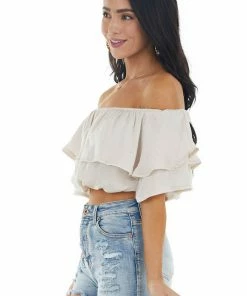 She + Sky Tops Champagne Off The Shoulder Short Sleeve Overlaying Crop Top