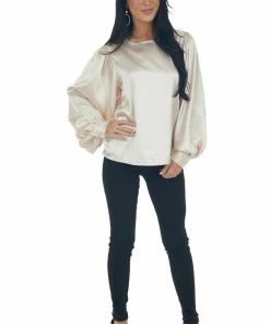 Vine & Love Champagne Printed Long Sleeve Satin Blouse 23 Vine & Love Champagne Printed Long Sleeve Satin Blouse