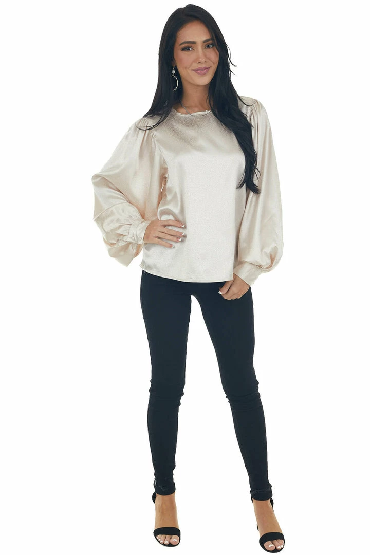 Vine & Love Champagne Printed Long Sleeve Satin Blouse 6 Vine & Love Champagne Printed Long Sleeve Satin Blouse