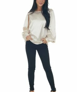 Vine & Love Champagne Printed Long Sleeve Satin Blouse 24 Vine & Love Champagne Printed Long Sleeve Satin Blouse